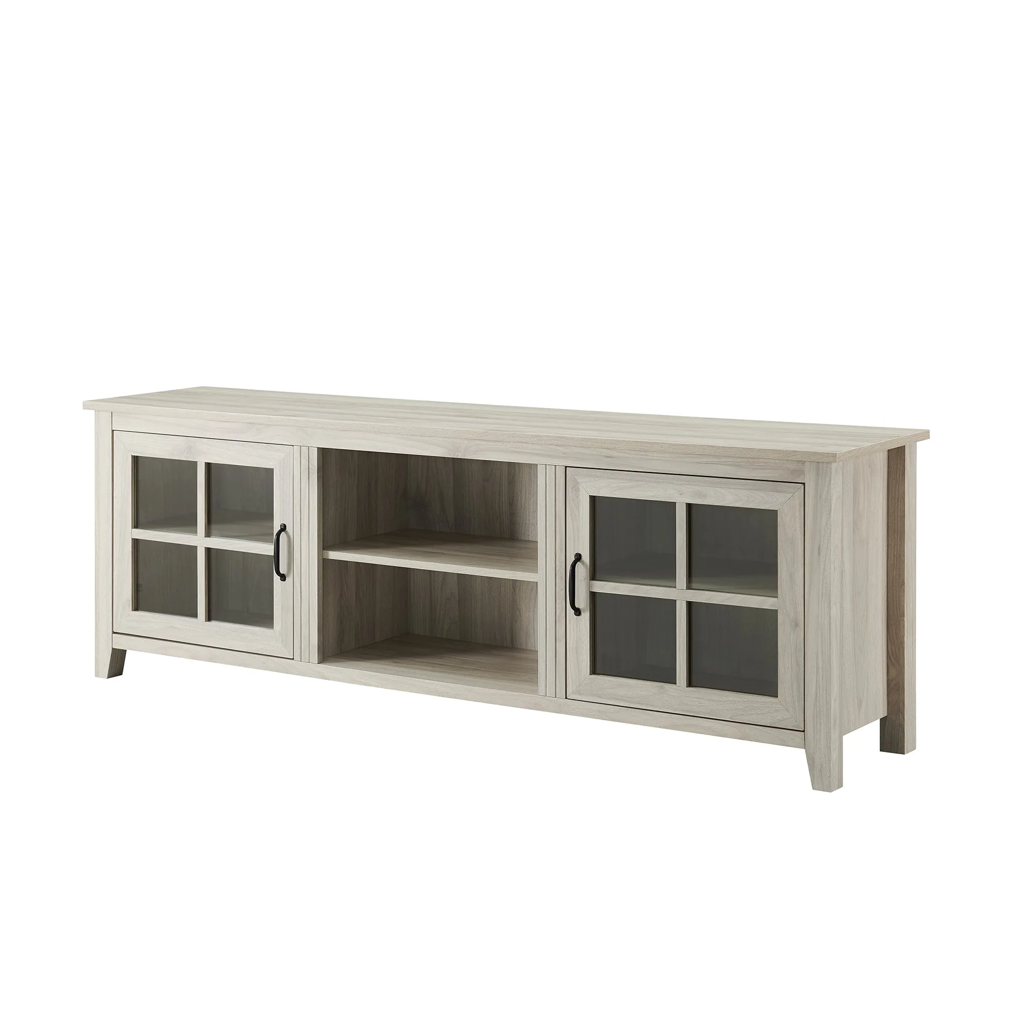 70" Glass Door TV Console - Stylish Farmhouse Design with Adjustable Shelves & Cord Management System