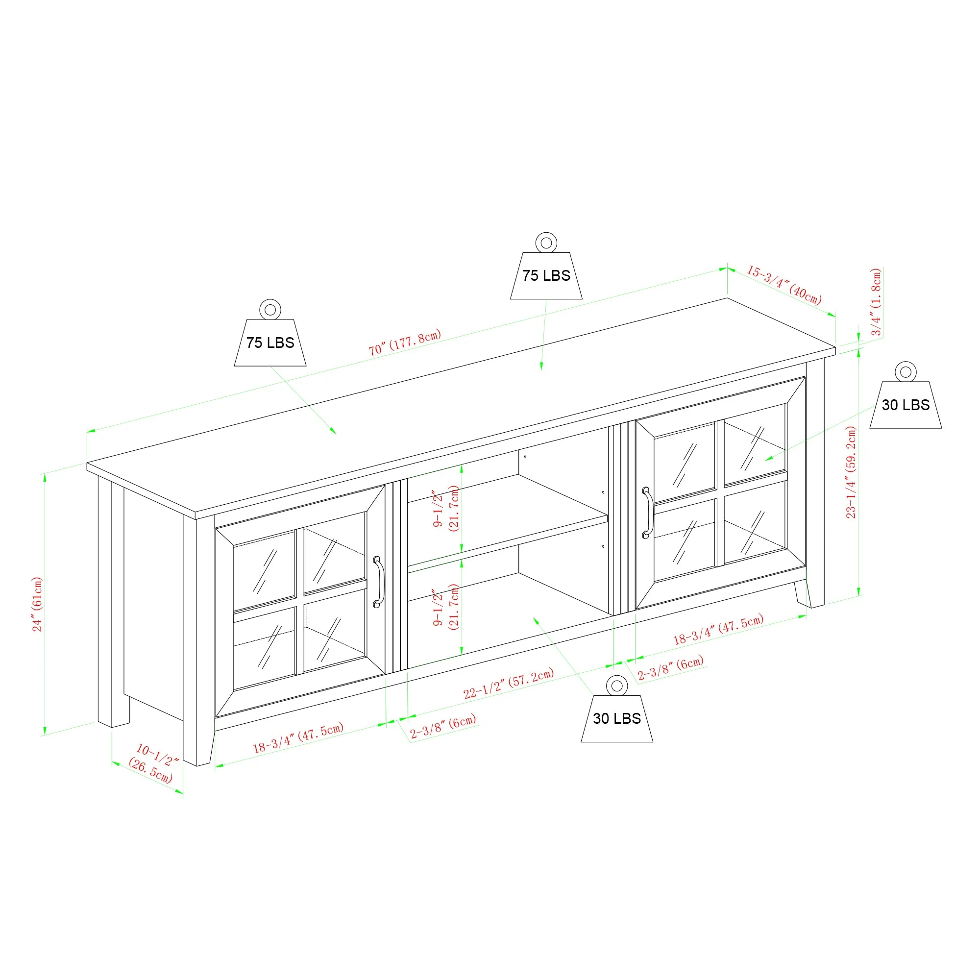 70" Glass Door TV Console - Stylish Farmhouse Design with Adjustable Shelves & Cord Management System