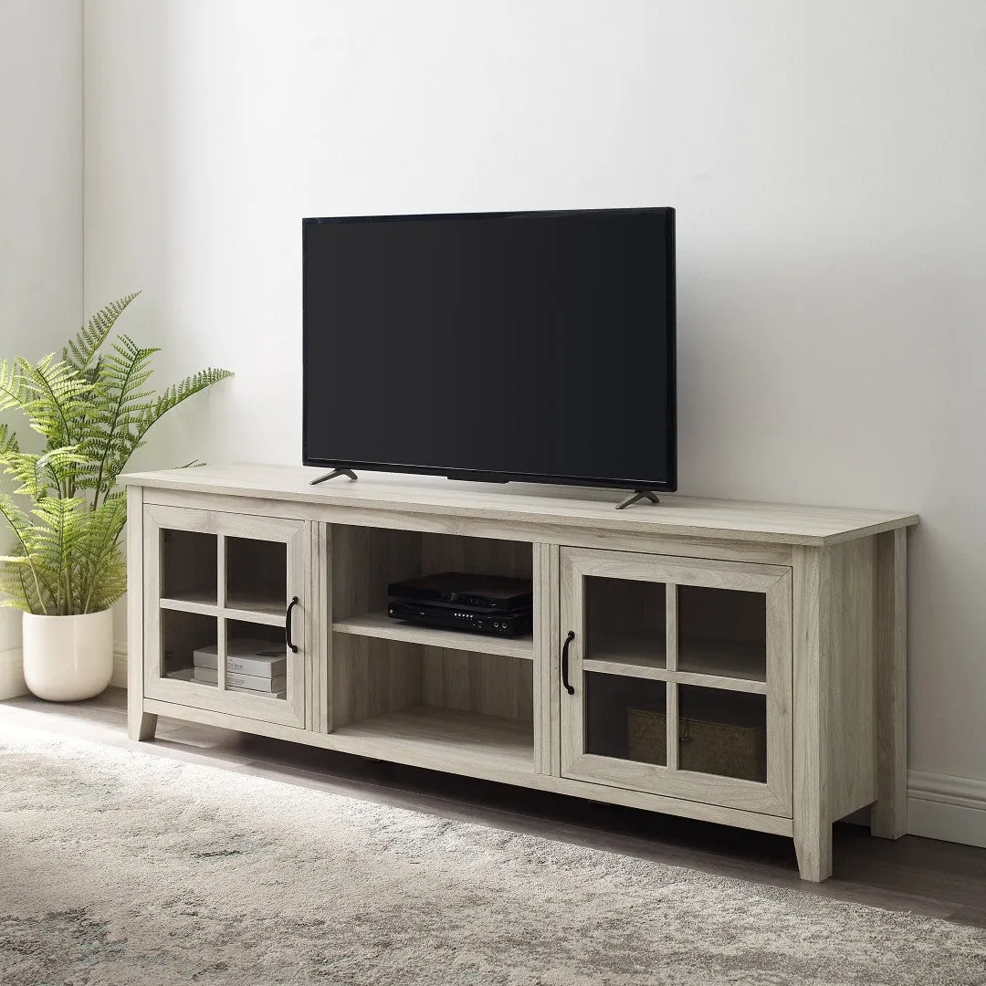 70" Glass Door TV Console - Stylish Farmhouse Design with Adjustable Shelves & Cord Management System