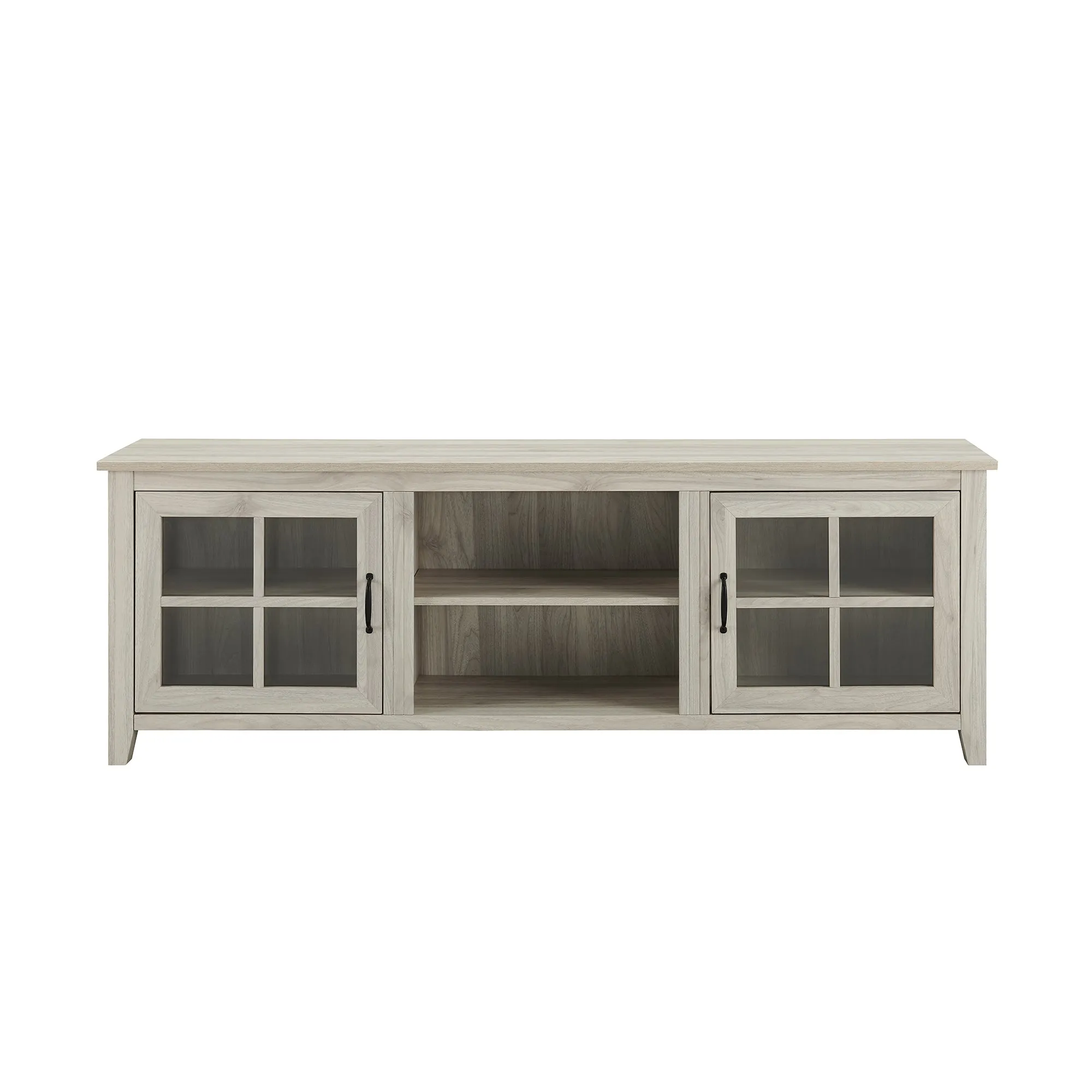 70" Glass Door TV Console - Stylish Farmhouse Design with Adjustable Shelves & Cord Management System