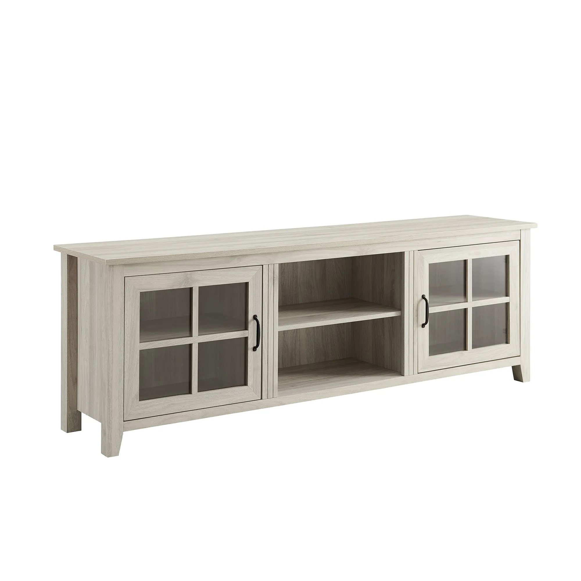 70" Glass Door TV Console - Stylish Farmhouse Design with Adjustable Shelves & Cord Management System