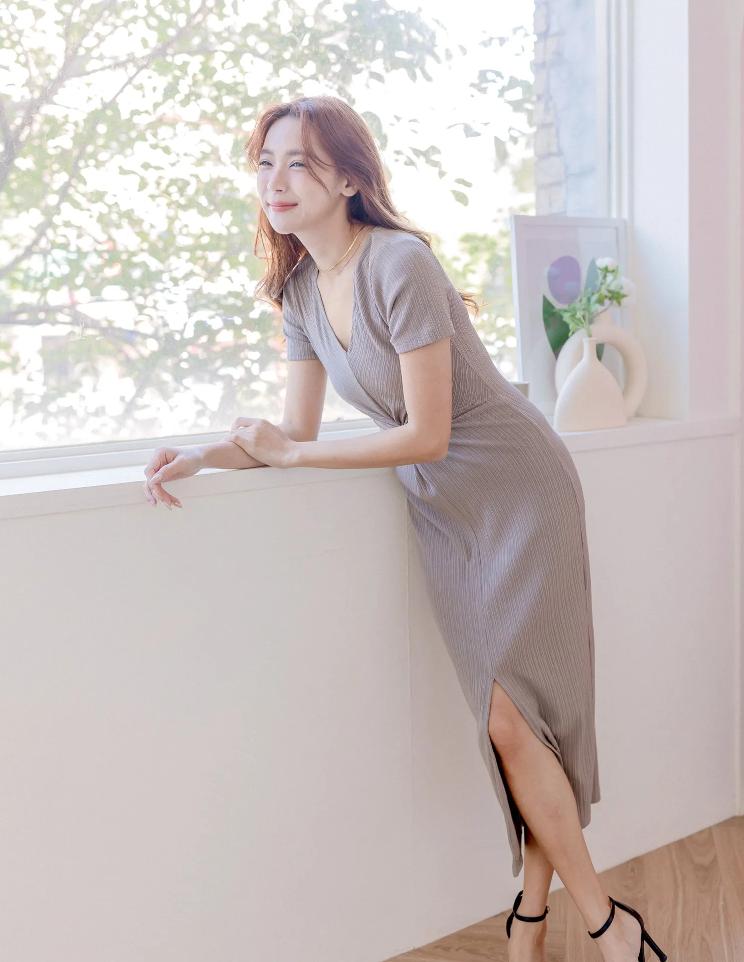 Mae Midi Dress in Taupe