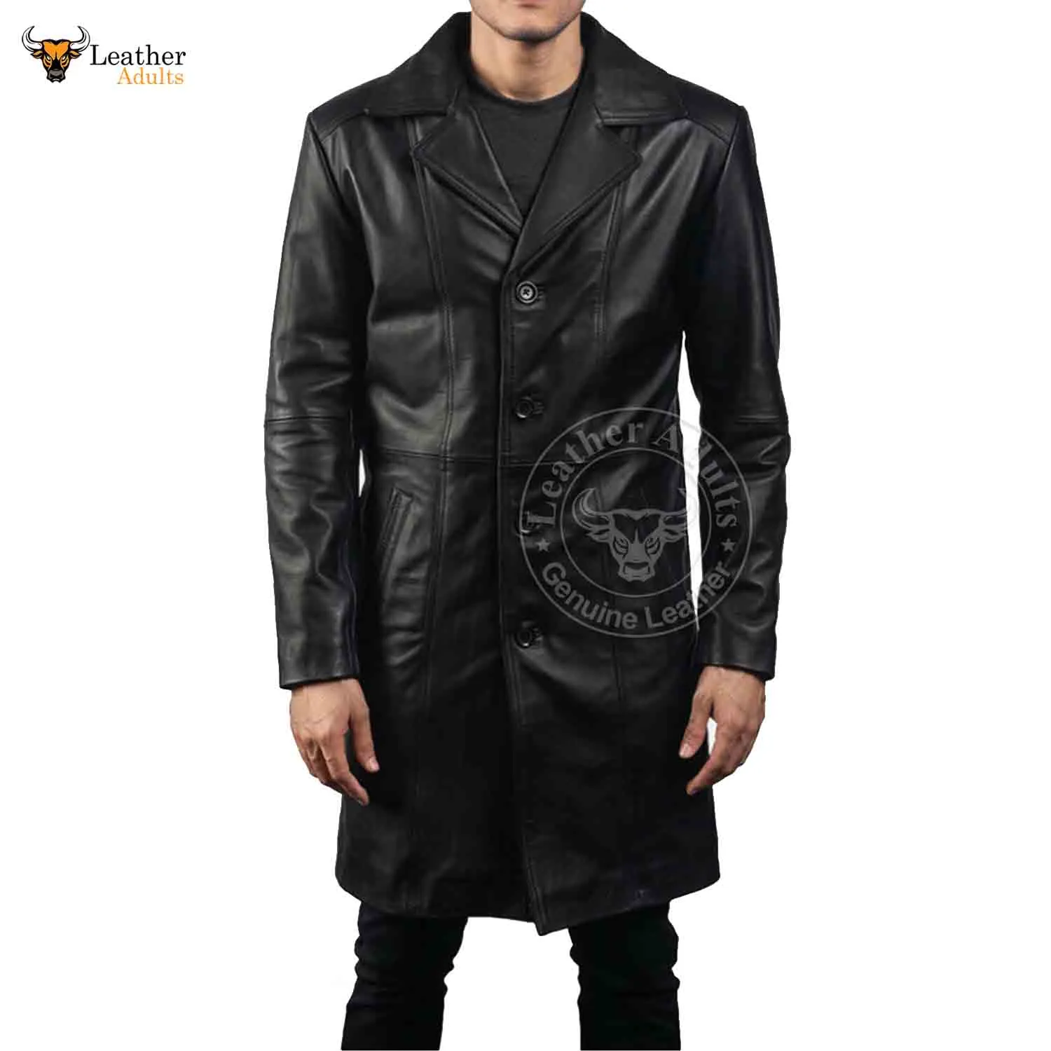 Mens Black Real Cowhide Leather Trench Steampunk Gothic Matrix Winter Coat Jacket