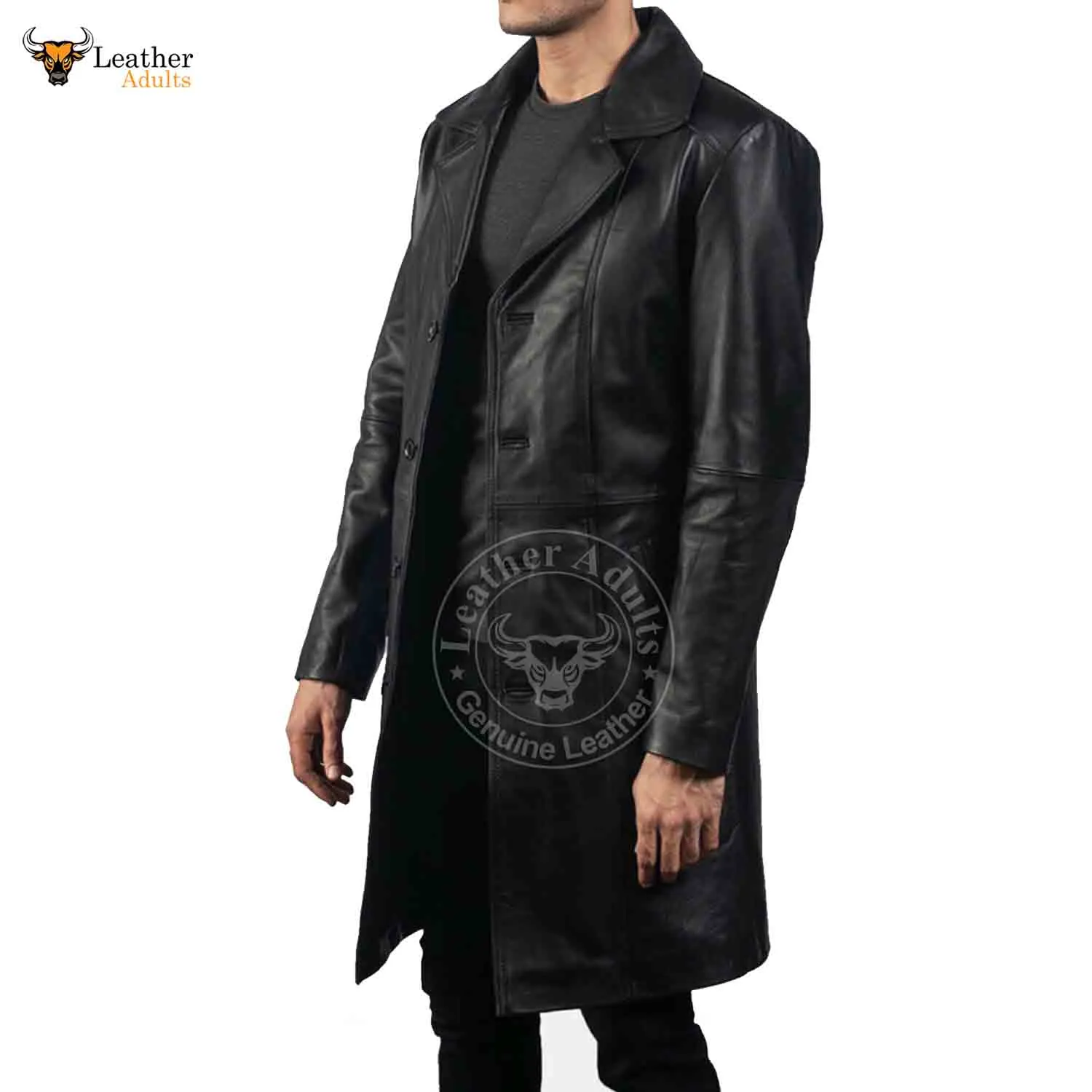 Mens Black Real Cowhide Leather Trench Steampunk Gothic Matrix Winter Coat Jacket