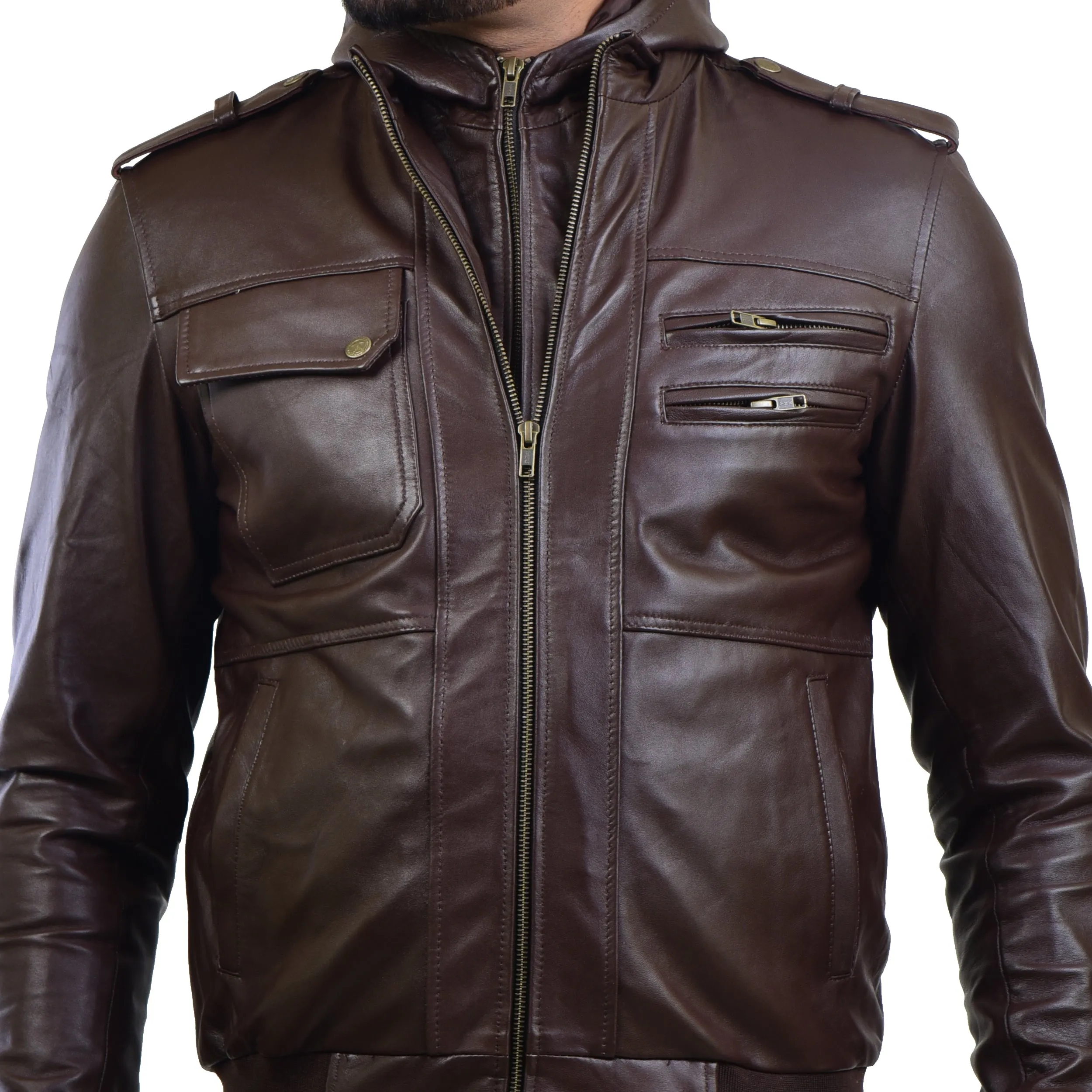 MENS LEATHER HOODED JACKET 410144(BROWN)