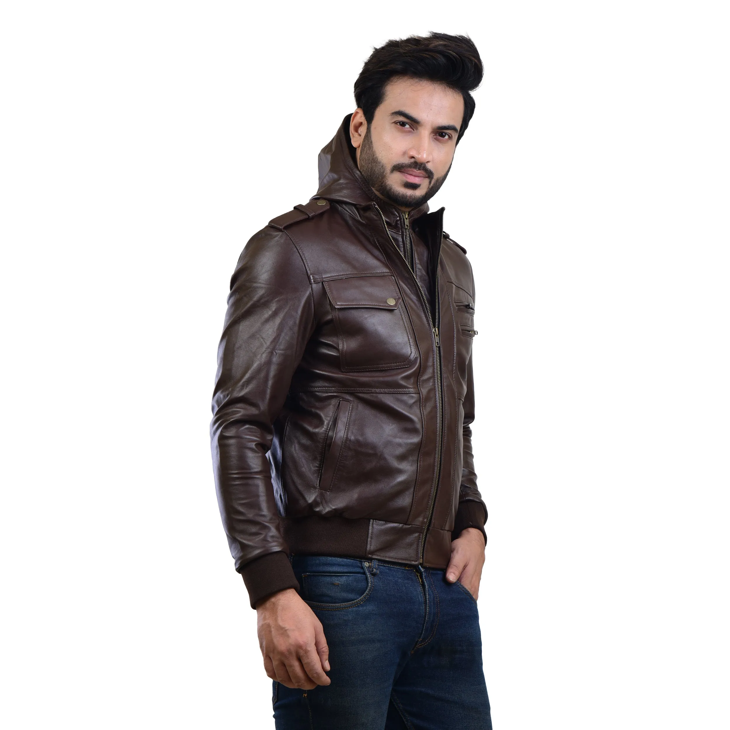 MENS LEATHER HOODED JACKET 410144(BROWN)