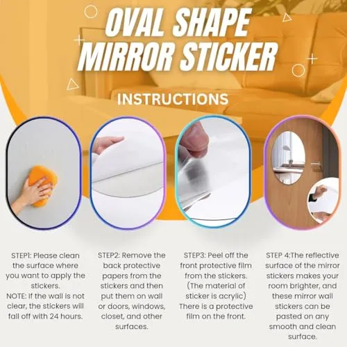 wolkwogg Oval Shape Adhesive Mirror Sticker for Wall on Tiles Bedroom Living Room Basin Mirror Bathroom Wall Mirror Both Side Sticker Acrylic Wall Mirror (Medium, 3, Count)