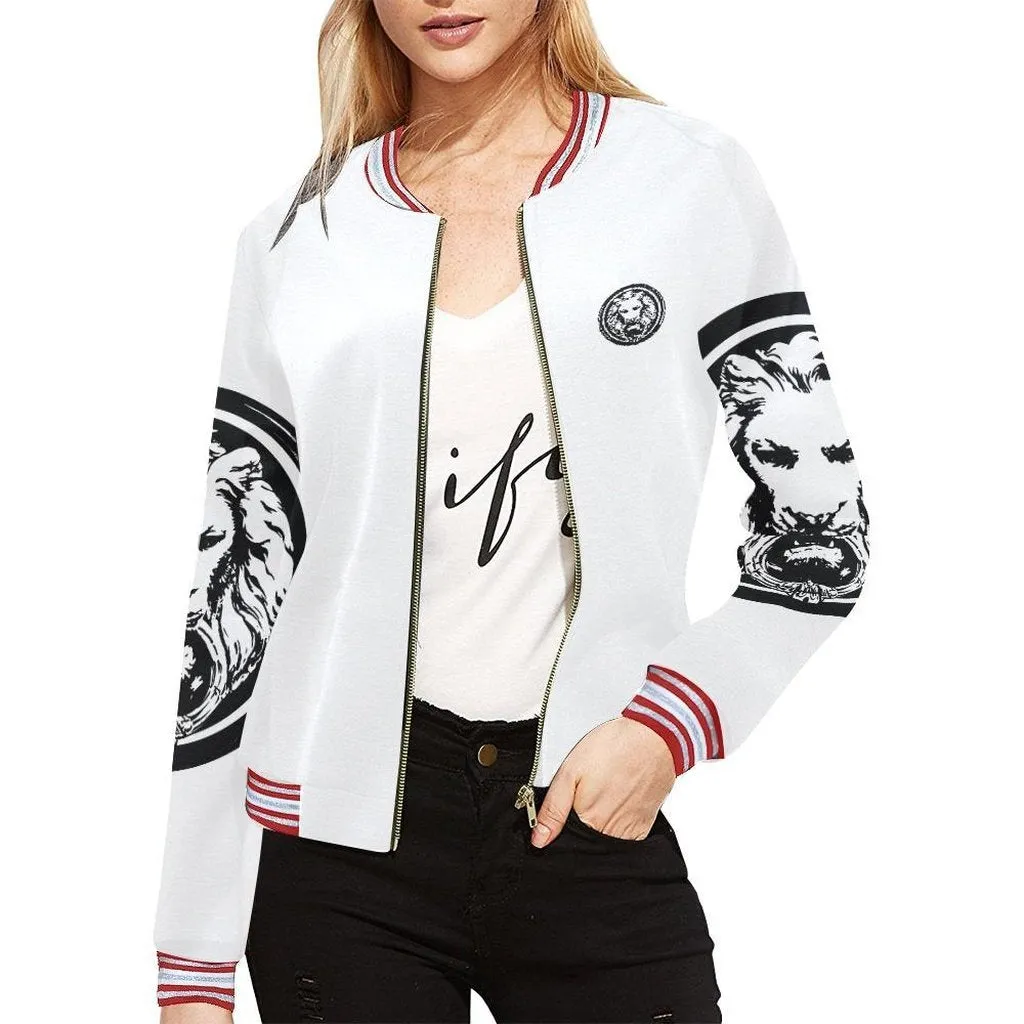 Womens White Lion Circle Sleeves Bomber Jacket